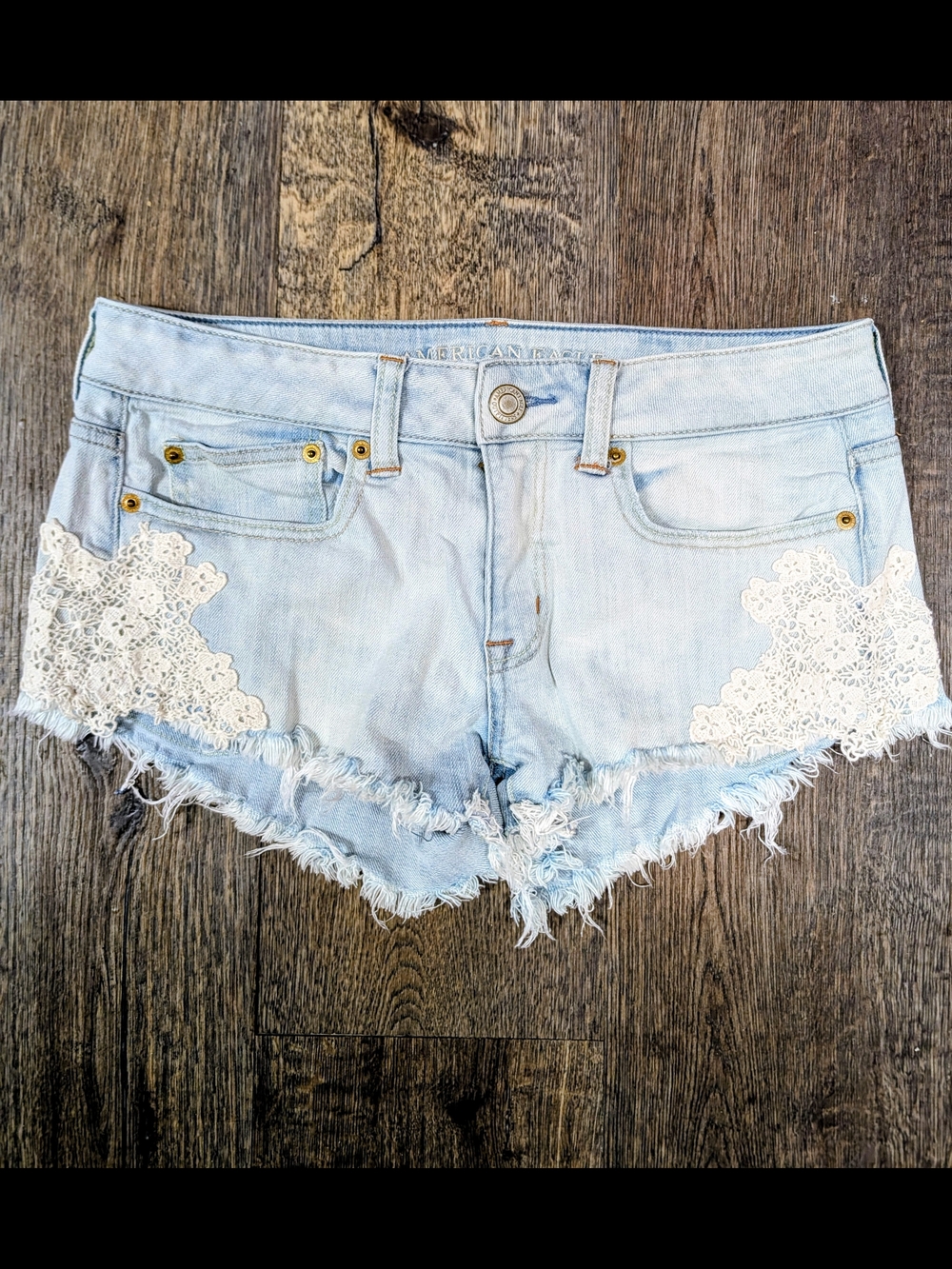 American Eagle Outfitters Light Blue Denim Shorts with White Lace